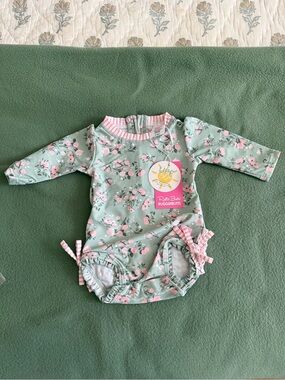 NEW RuffleButts Mint Floral Tea Roses Long Sleeve Rashguard Bodysuit UPF 50+